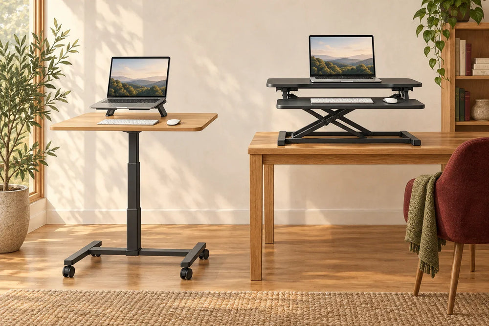AI illustration of a floor-standing mobile laptop desk beside a two-tier desk converter on an existing wooden desk.